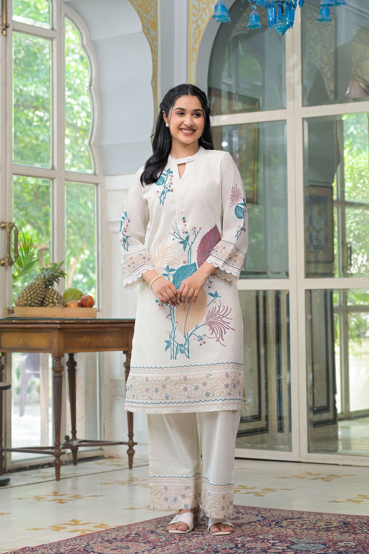 Cream & Turquoise Linen Printed Co-Ord Set