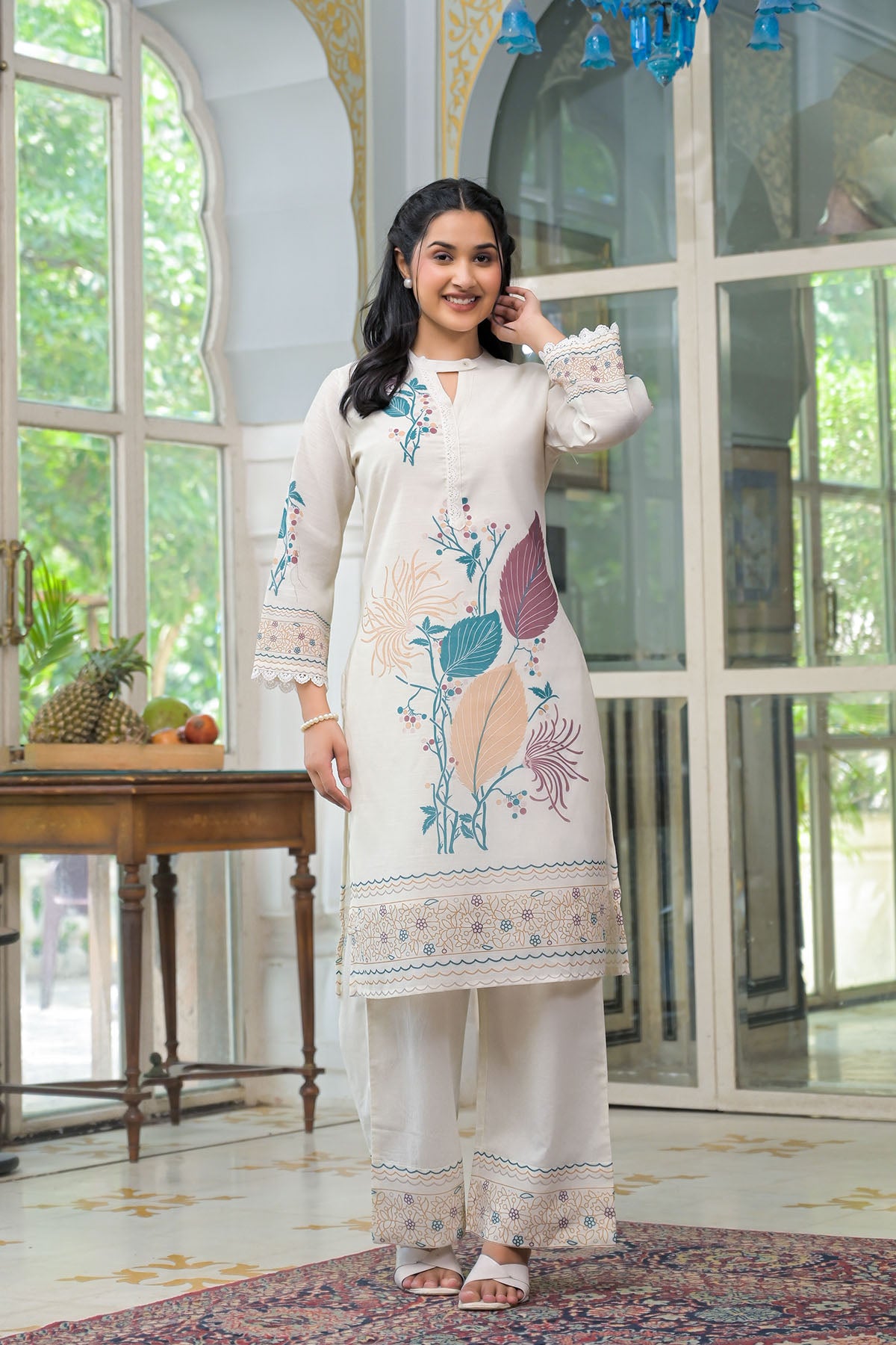 Cream & Turquoise Linen Printed Co-Ord Set