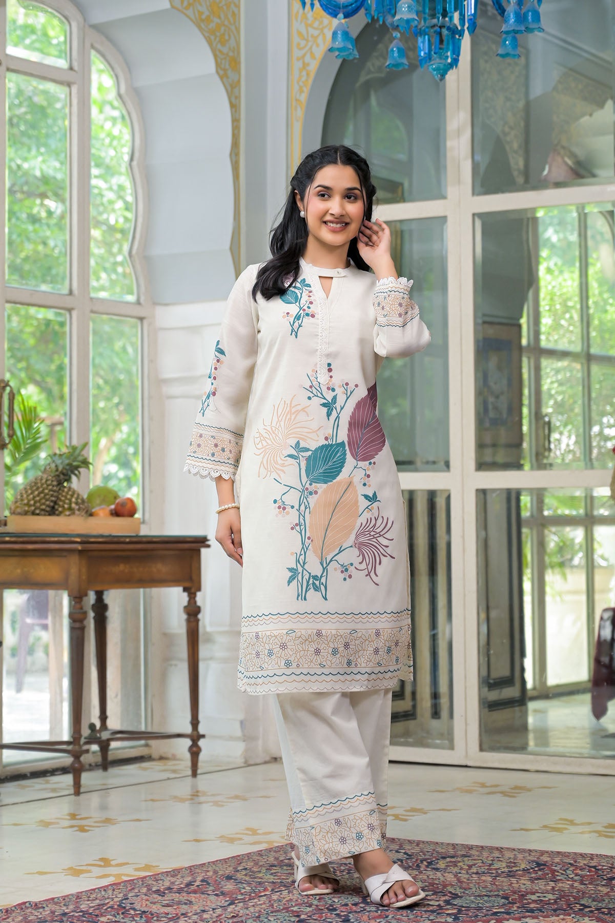 Cream & Turquoise Linen Printed Co-Ord Set