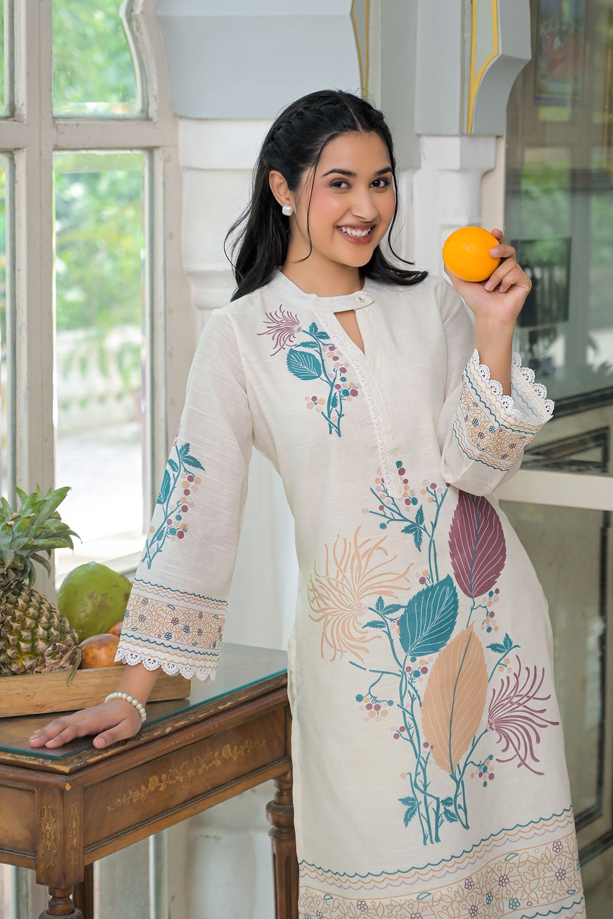 Cream & Turquoise Linen Printed Co-Ord Set