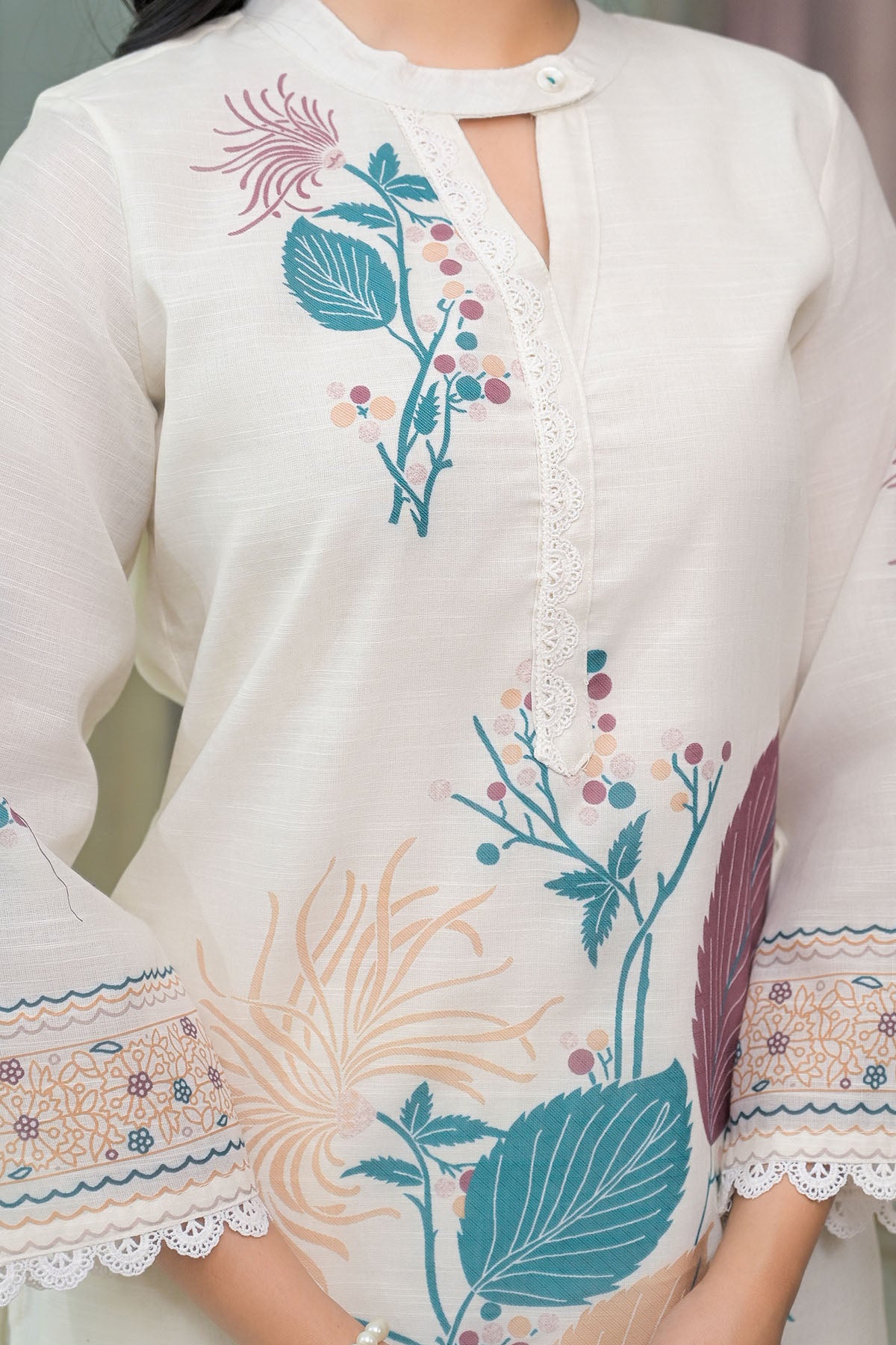 Cream & Turquoise Linen Printed Co-Ord Set