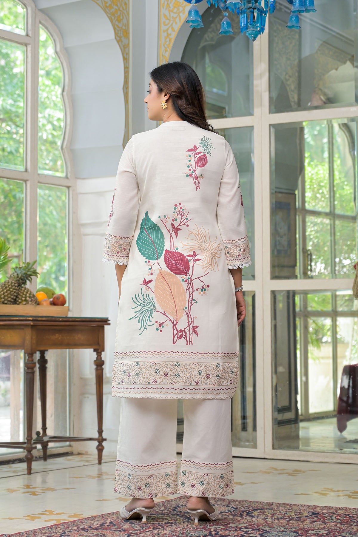 Cream & Green Linen Printed Co-Ord Set