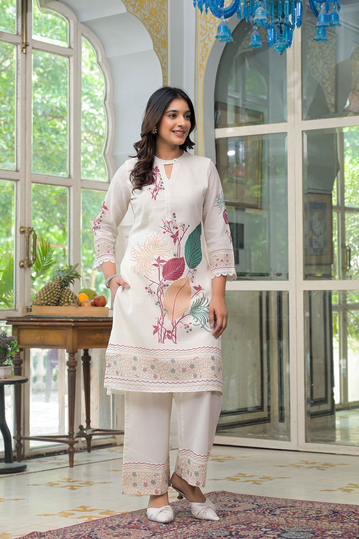 Cream & Green Linen Printed Co-Ord Set