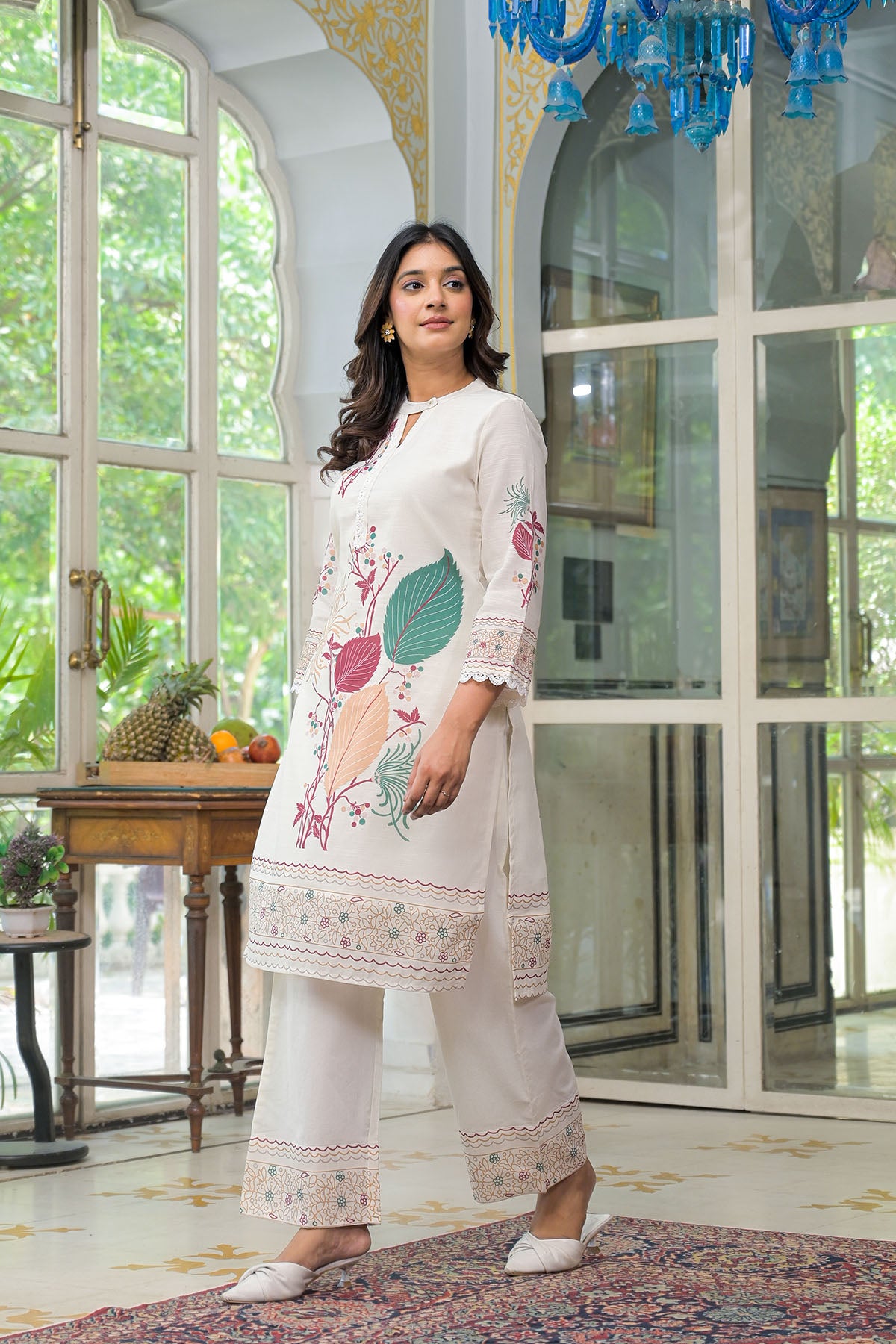 Cream & Green Linen Printed Co-Ord Set