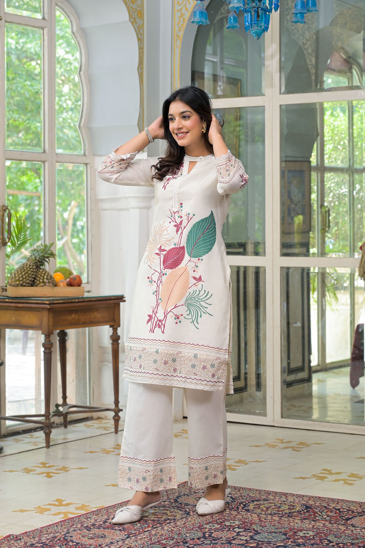 Cream & Green Linen Printed Co-Ord Set