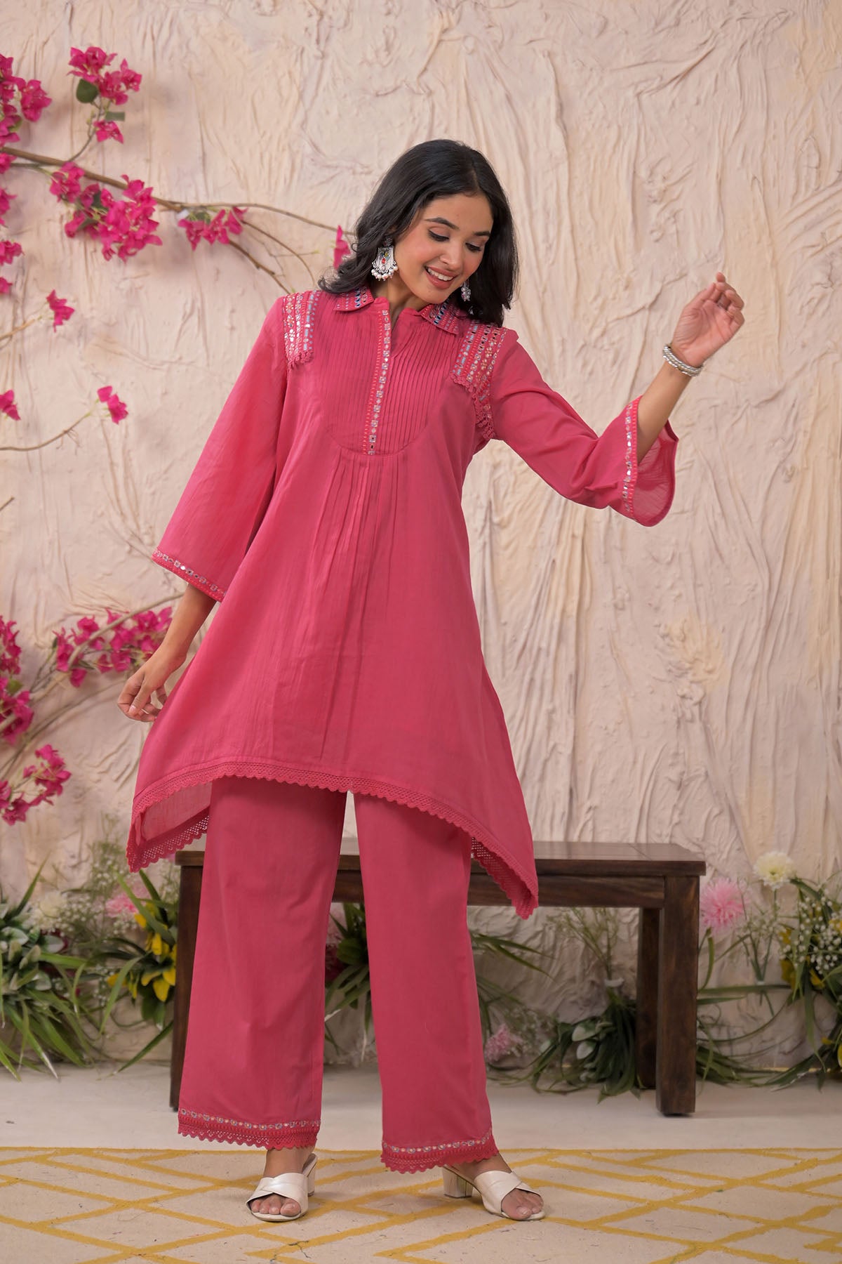Pink Cotton Embroidered Co-Ord Set
