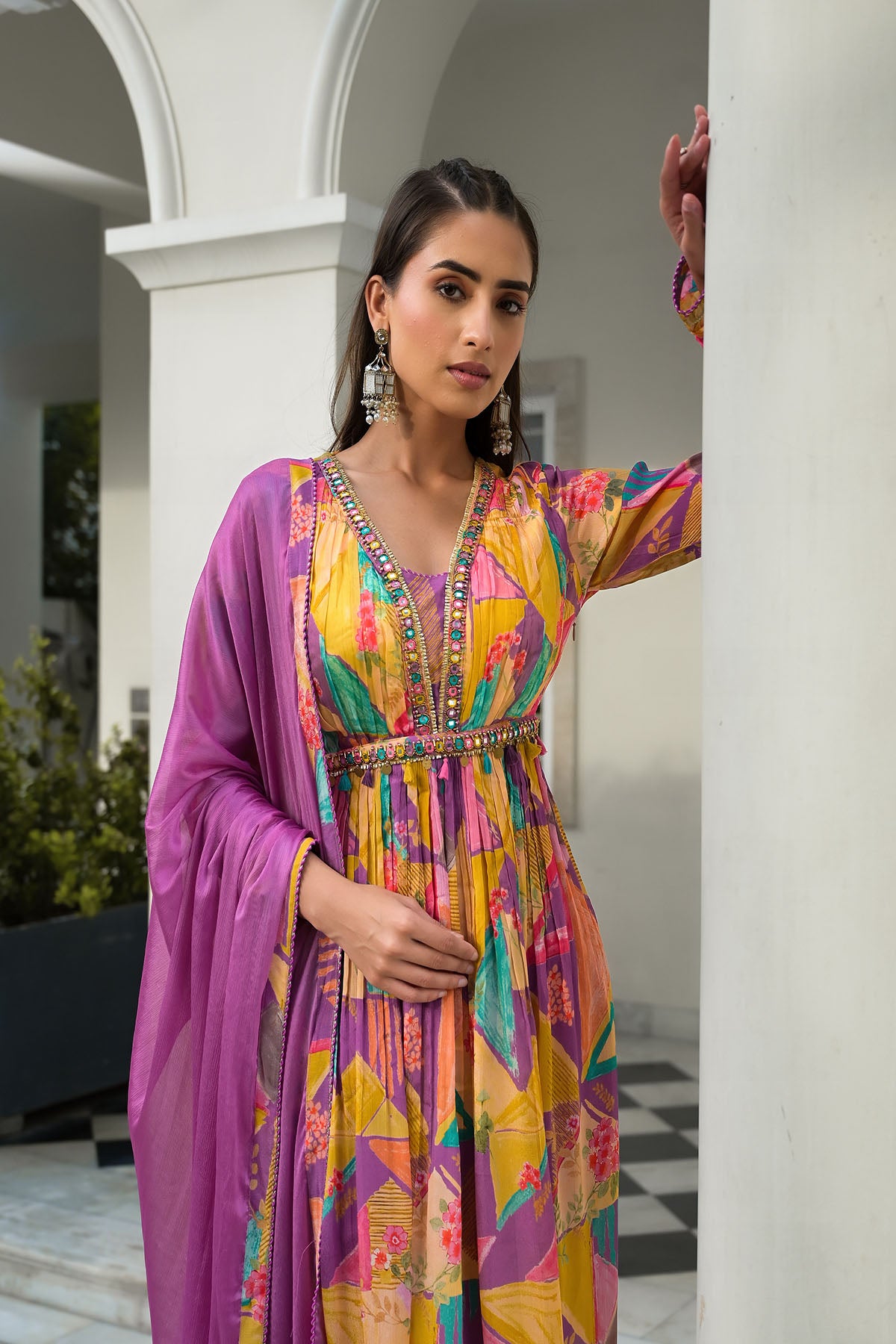 Yellow & Purple Chinon Embroidered Anarkali Suit