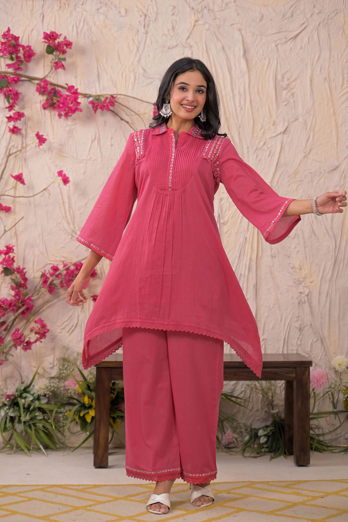 Pink Cotton Embroidered Co-Ord Set