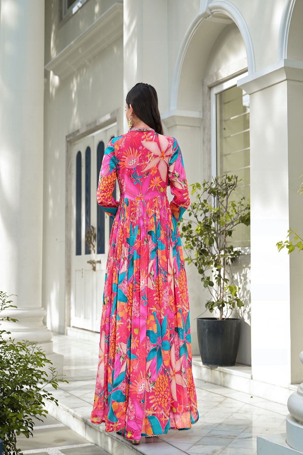 Pink Floral Chinon Handwork Anarkali Suit