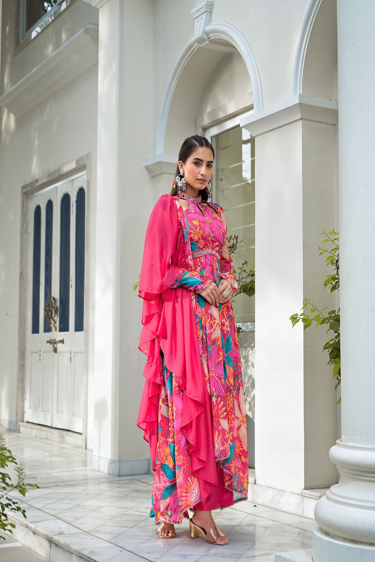 Pink Floral Chinon Handwork Anarkali Suit