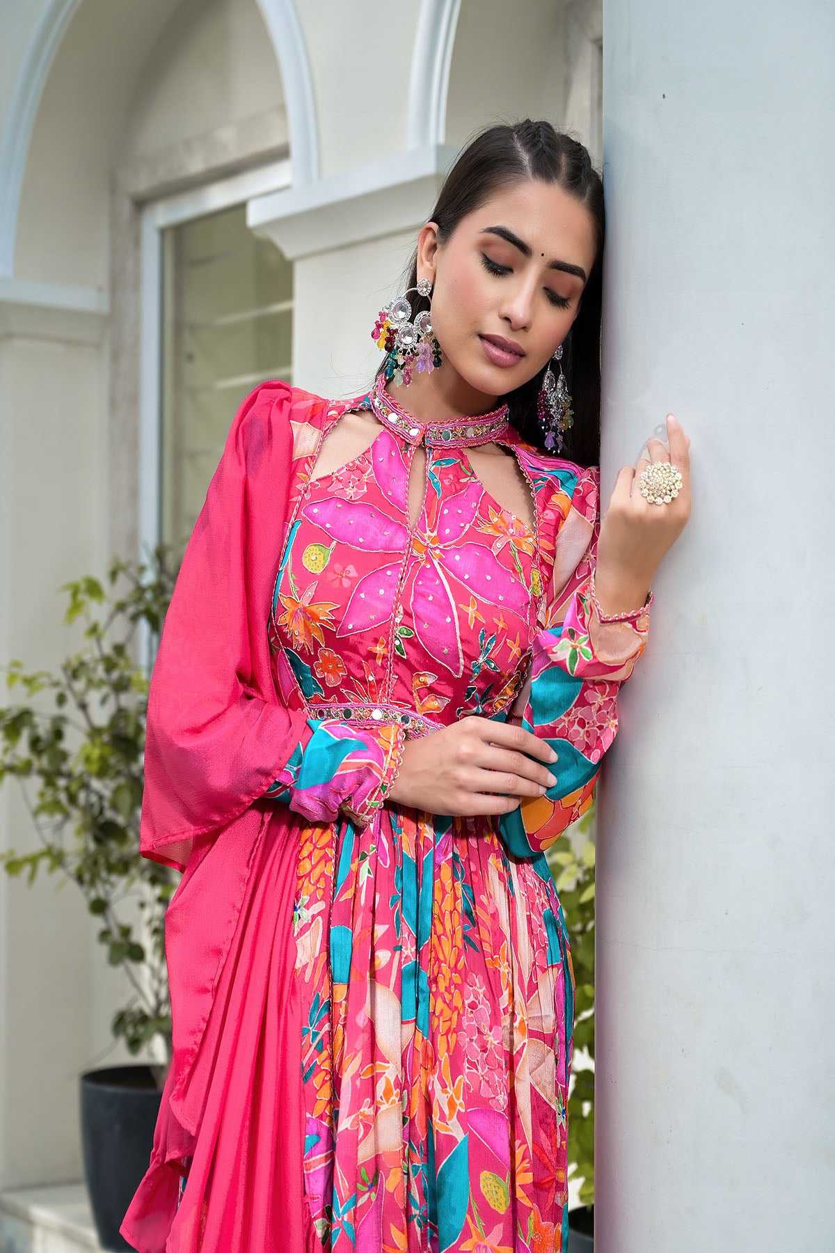 Pink Floral Chinon Handwork Anarkali Suit