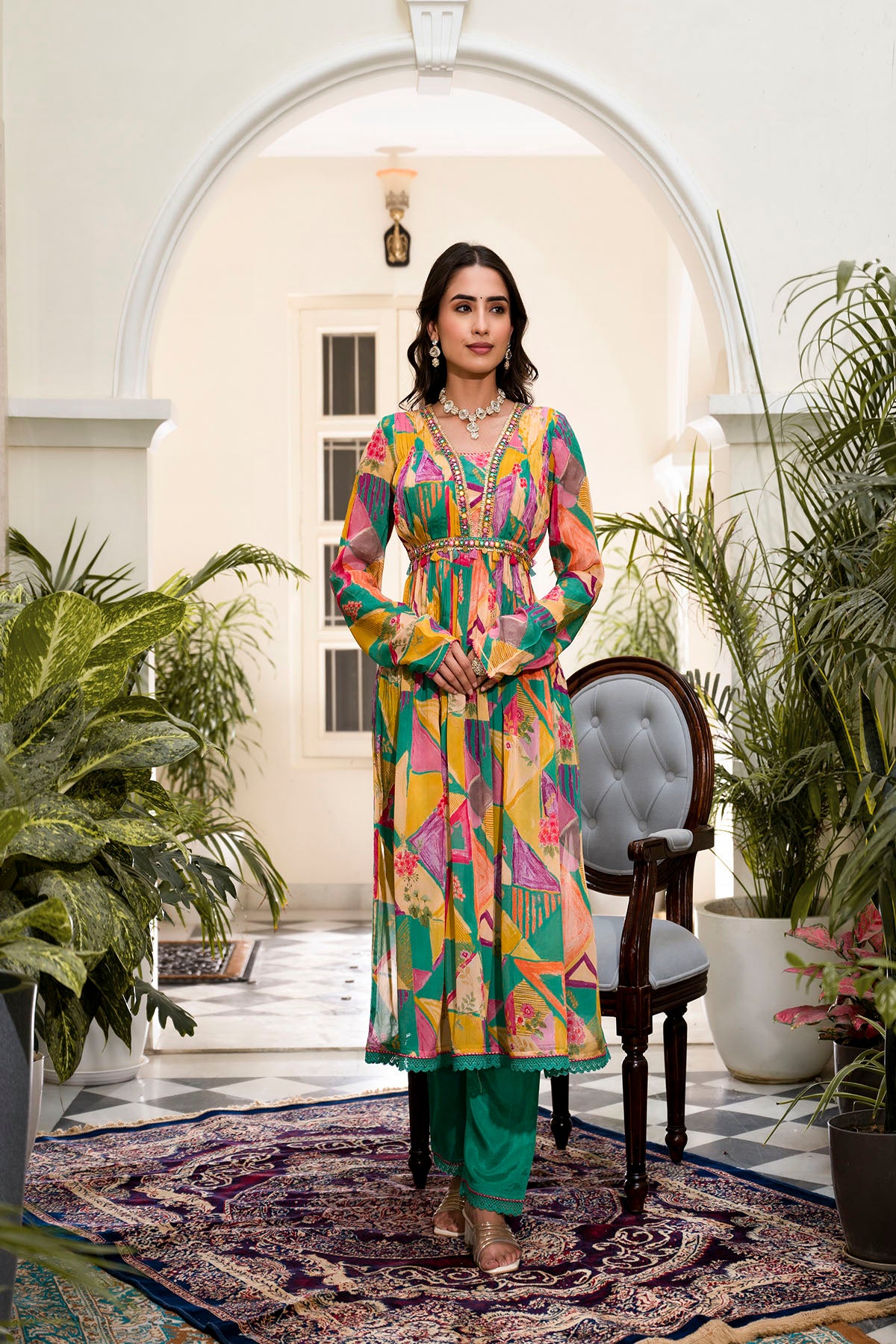 Yellow & Green Chinon Embroidered Anarkali Suit