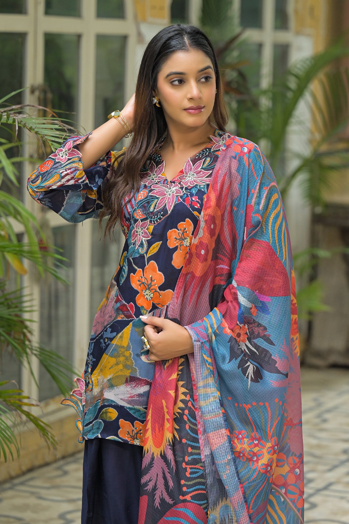 Multicolor Chinon Embroidered Straight Cut Suit Set | Bairaas