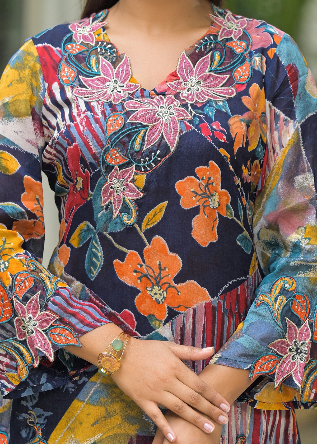 Multicolor Chinon Embroidered Straight Cut Suit Set | Bairaas