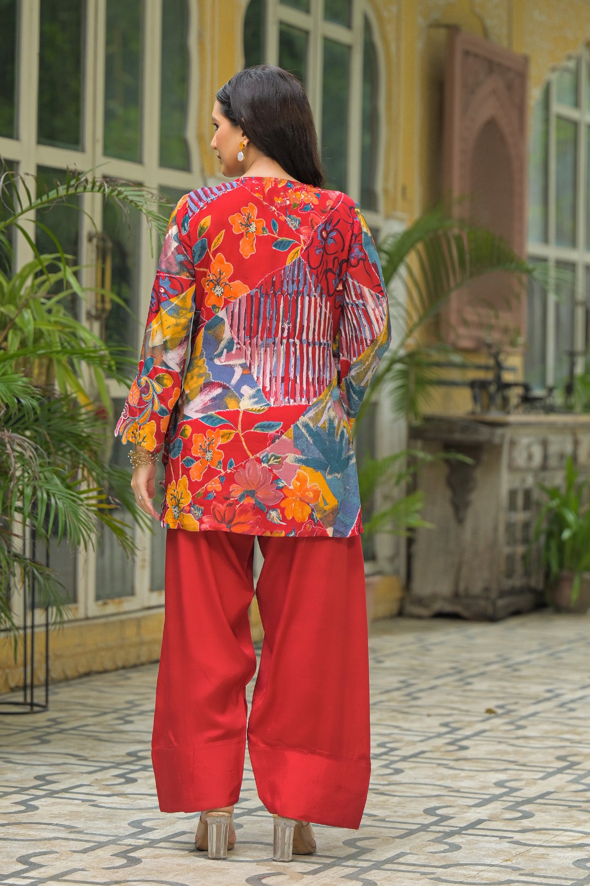 Red Chinon Embroidered Straight Cut Suit Set | Bairaas