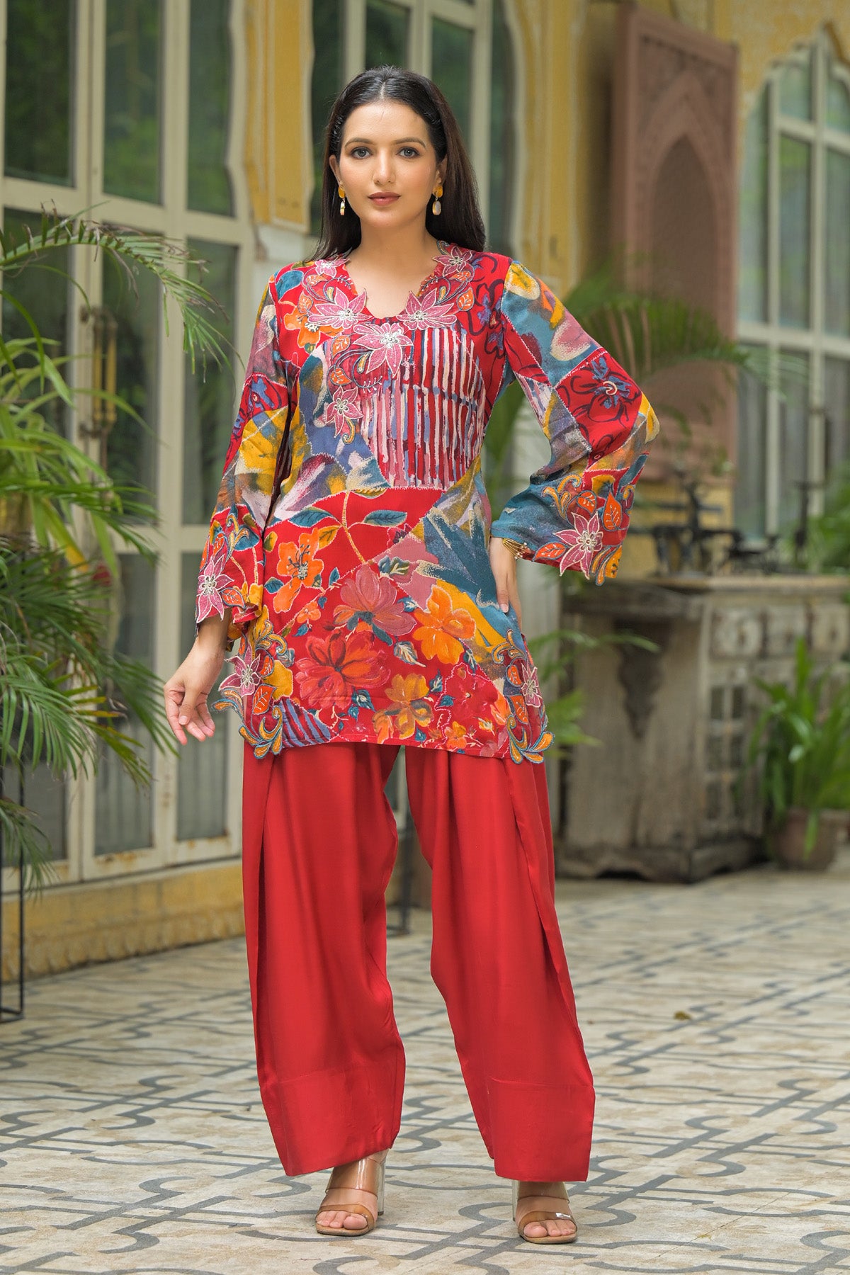 Red Chinon Embroidered Straight Cut Suit Set | Bairaas