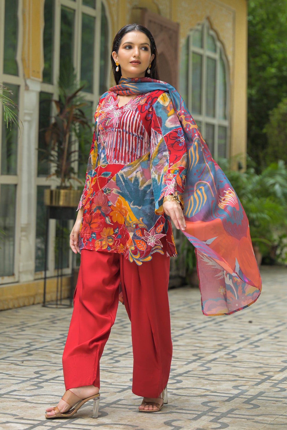 Red Chinon Embroidered Straight Cut Suit Set | Bairaas