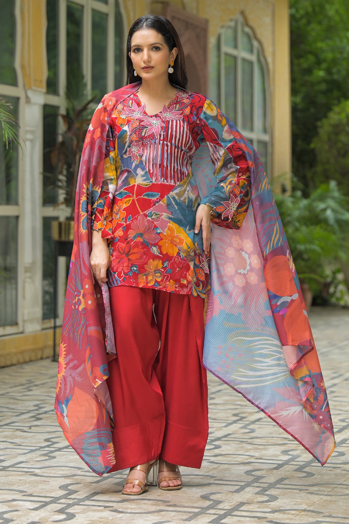 Red Chinon Embroidered Straight Cut Suit Set | Bairaas