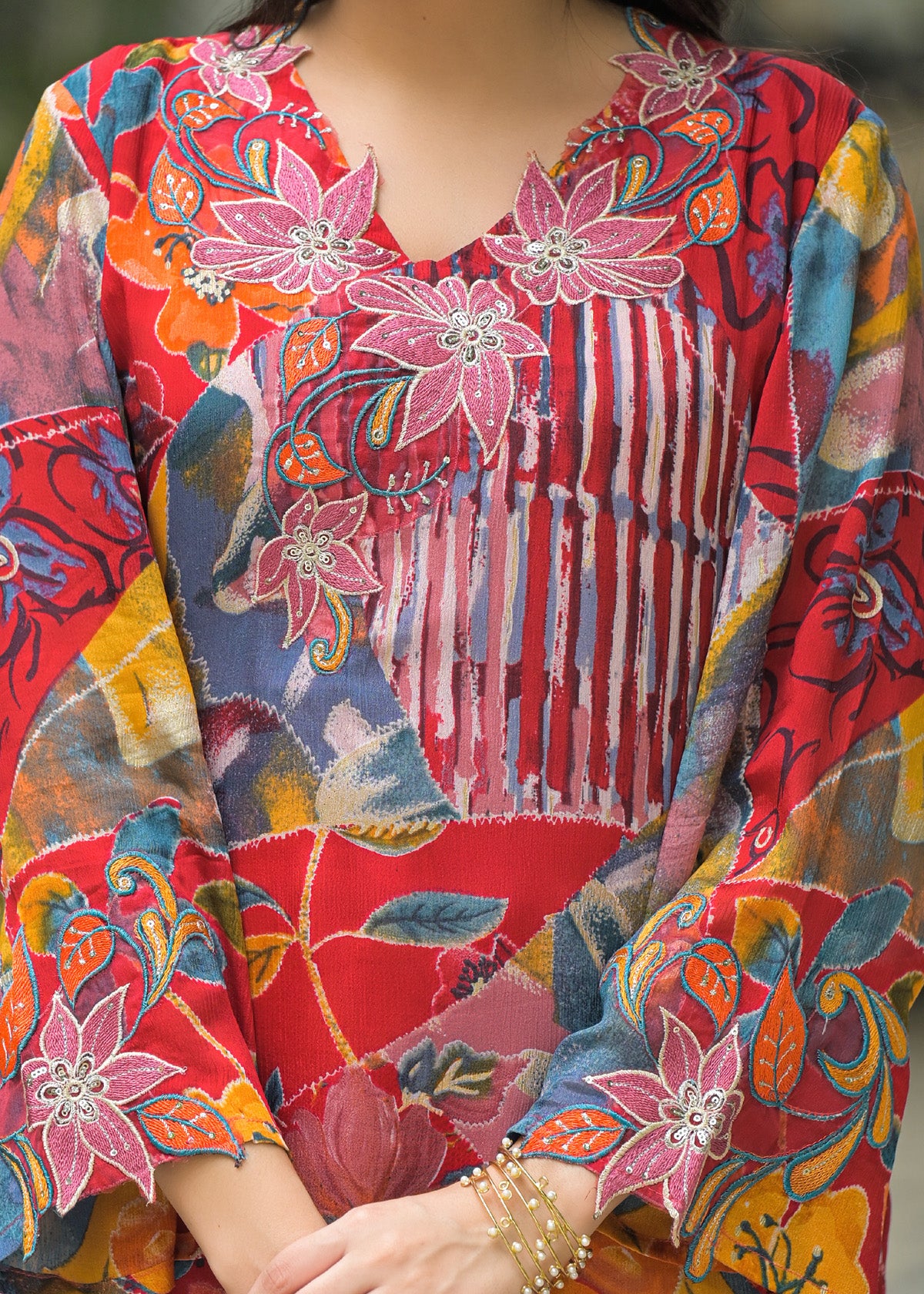 Red Chinon Embroidered Straight Cut Suit Set | Bairaas