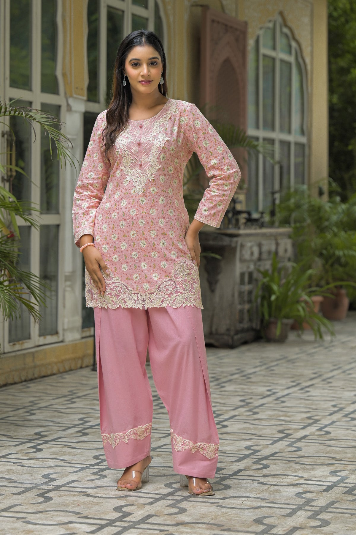 Pink Cotton Embroidered Straight Cut Suit Set | Bairaas