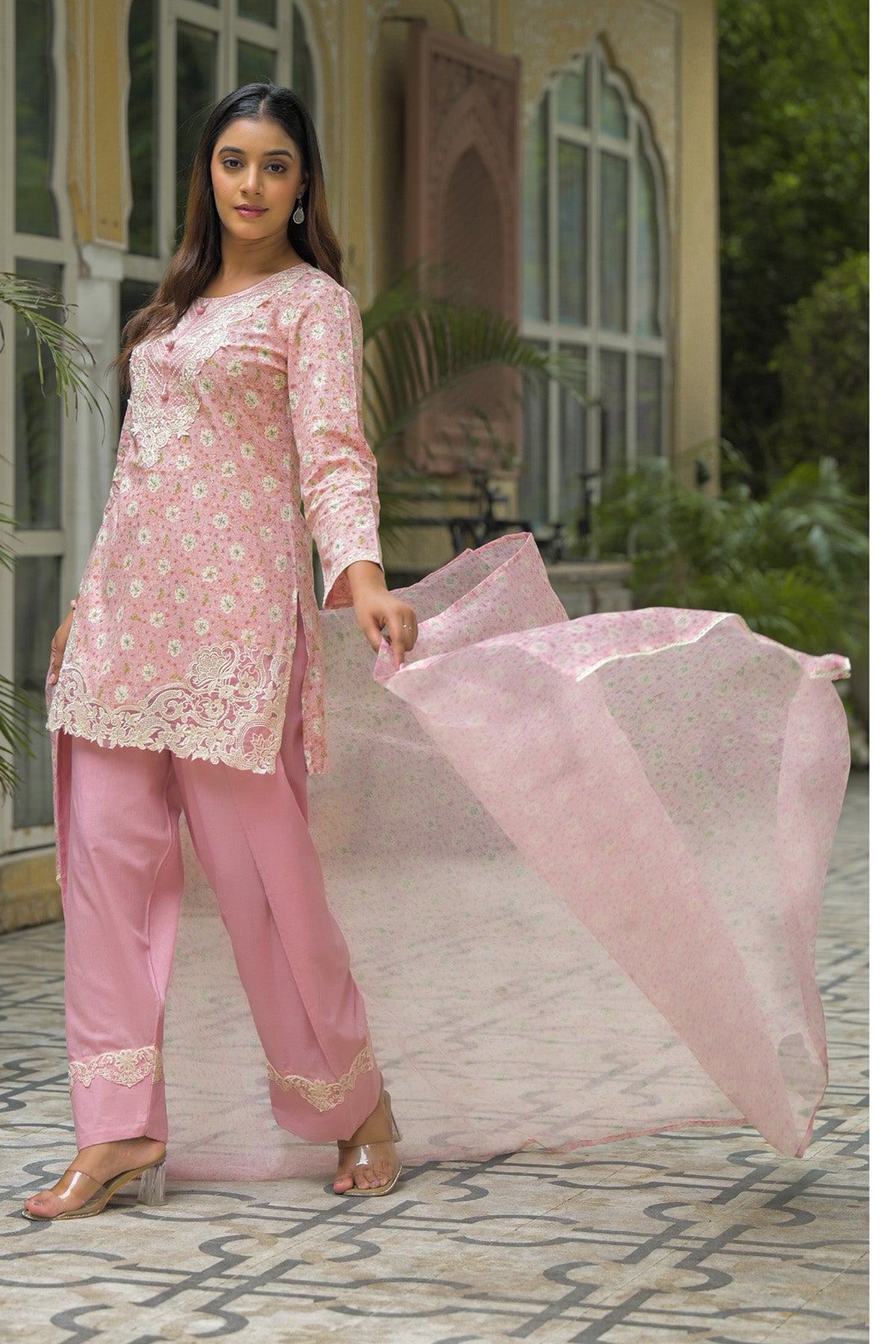 Pink Cotton Embroidered Straight Cut Suit Set | Bairaas