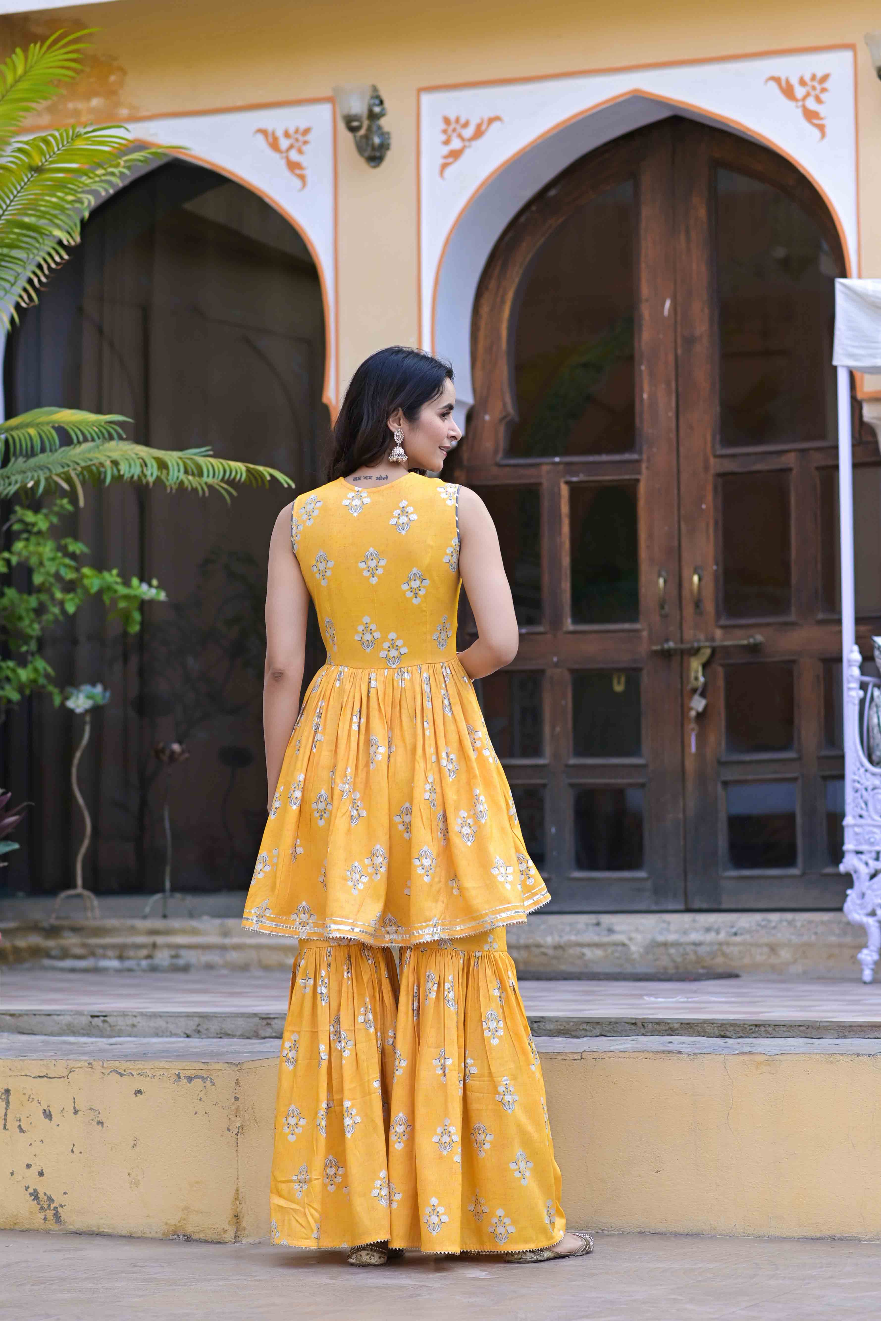 Yellow Rayon Embroidered Sharara Set