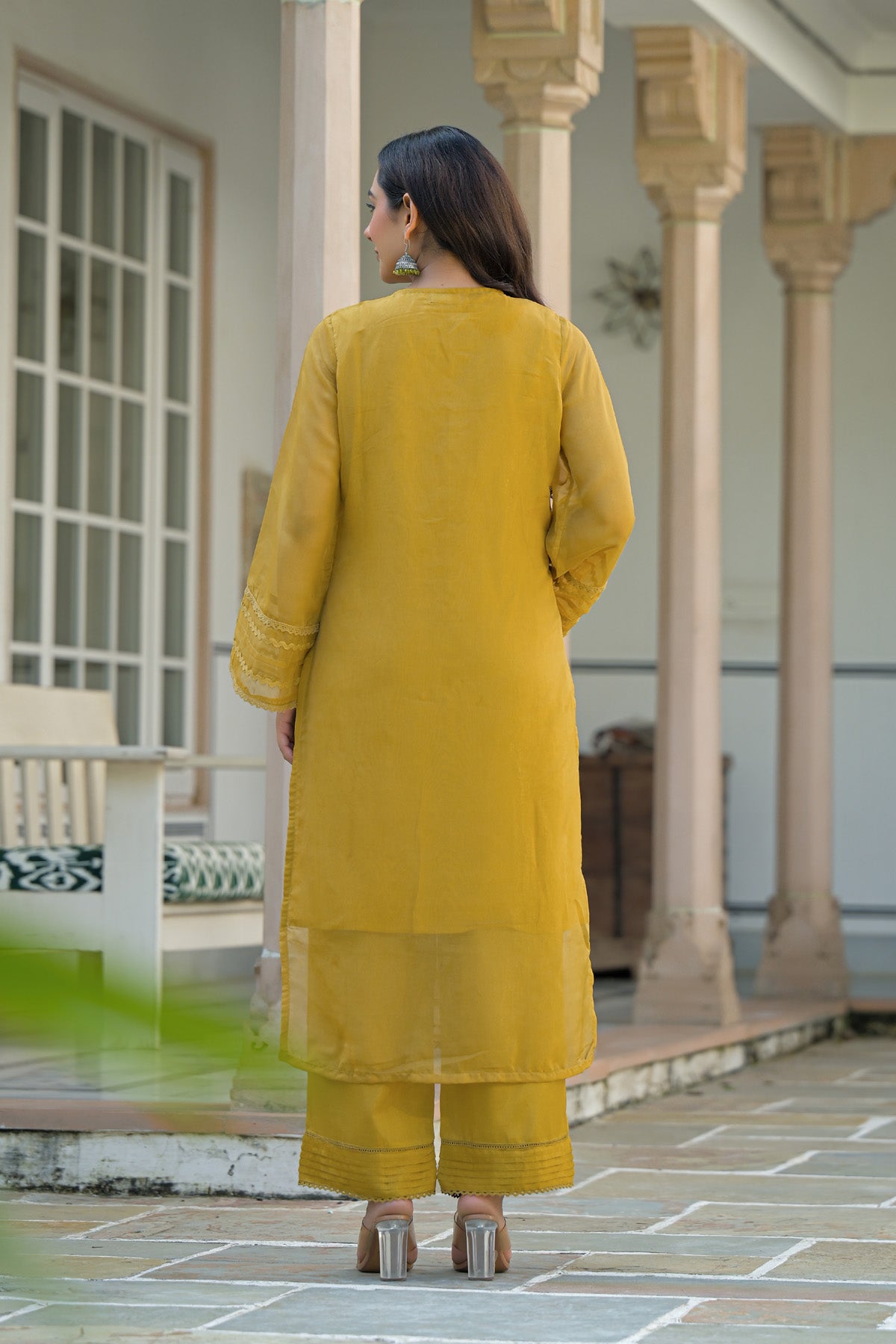 Yellow Organza Embroidered Straight Cut Suit Set | Bairaas