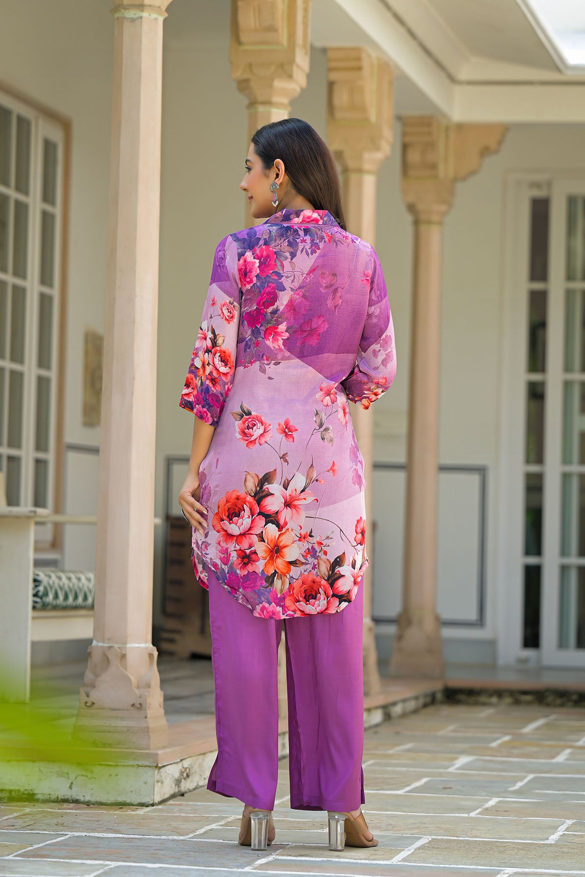 Purple Floral Crepe Printed Straight-Cut Suit