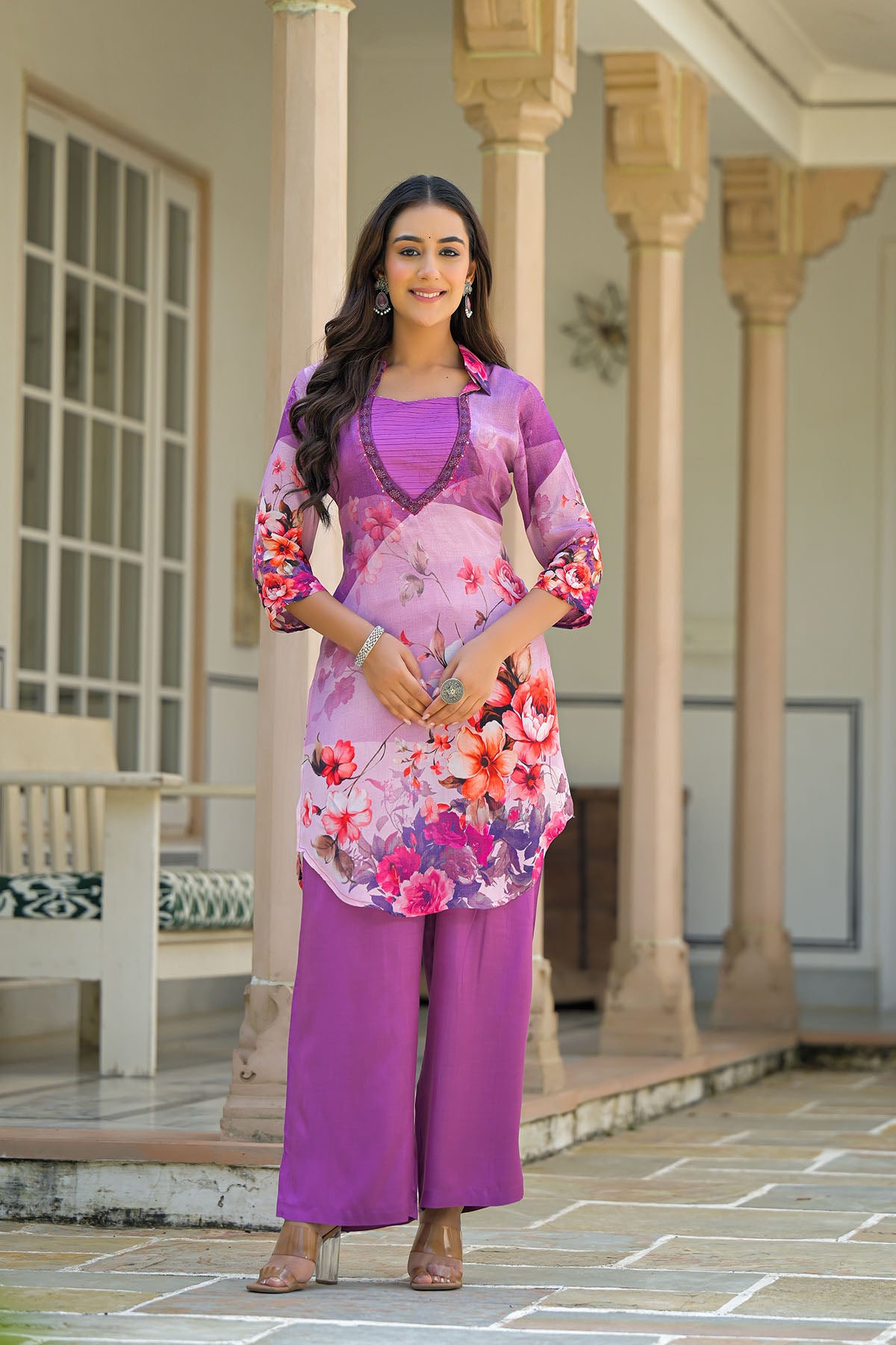 Purple Floral Crepe Printed Straight-Cut Suit