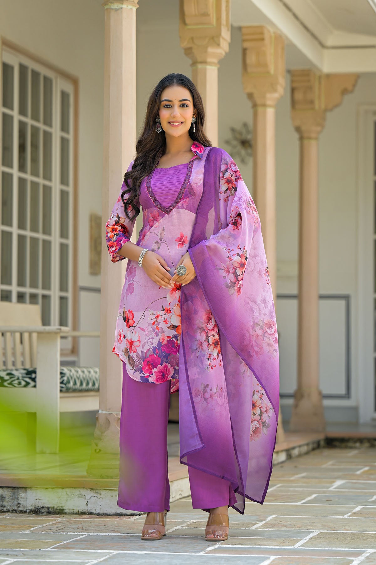 Purple Floral Crepe Printed Straight-Cut Suit