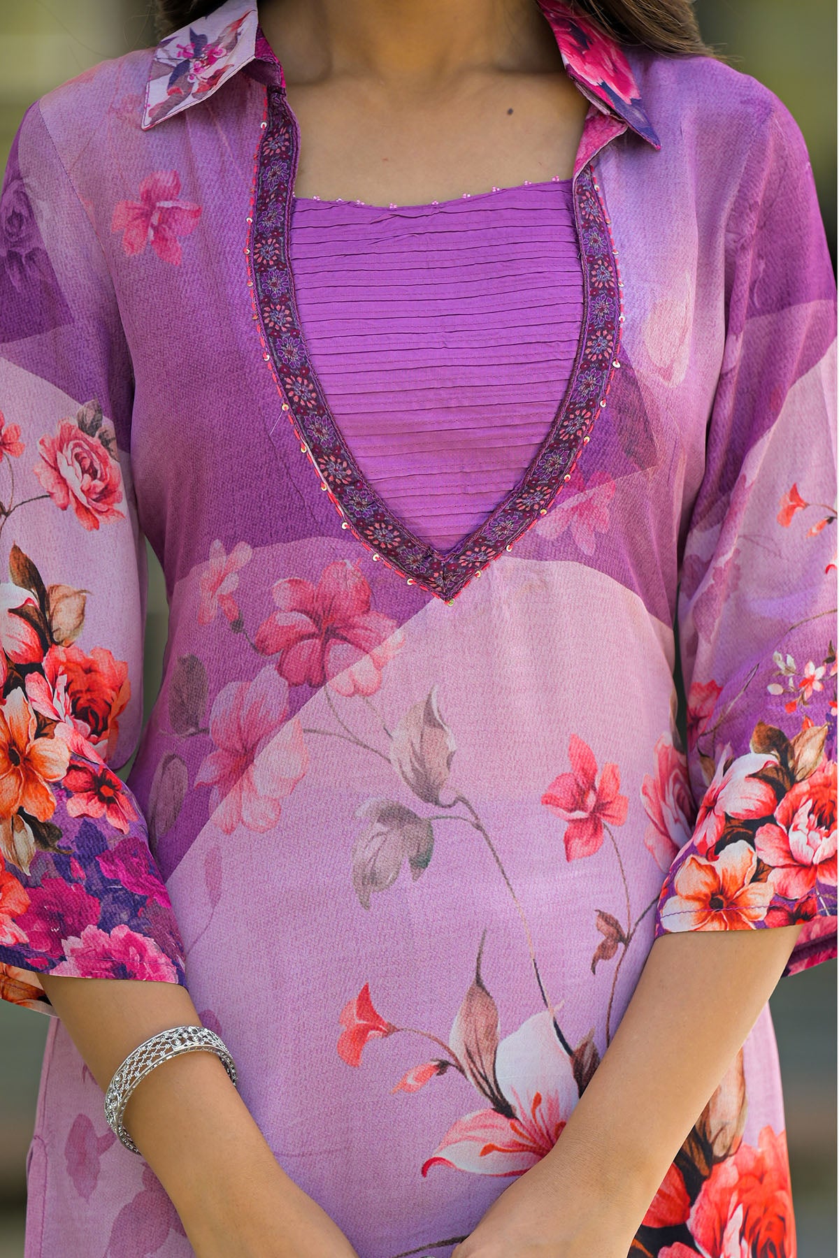Purple Floral Crepe Printed Straight-Cut Suit