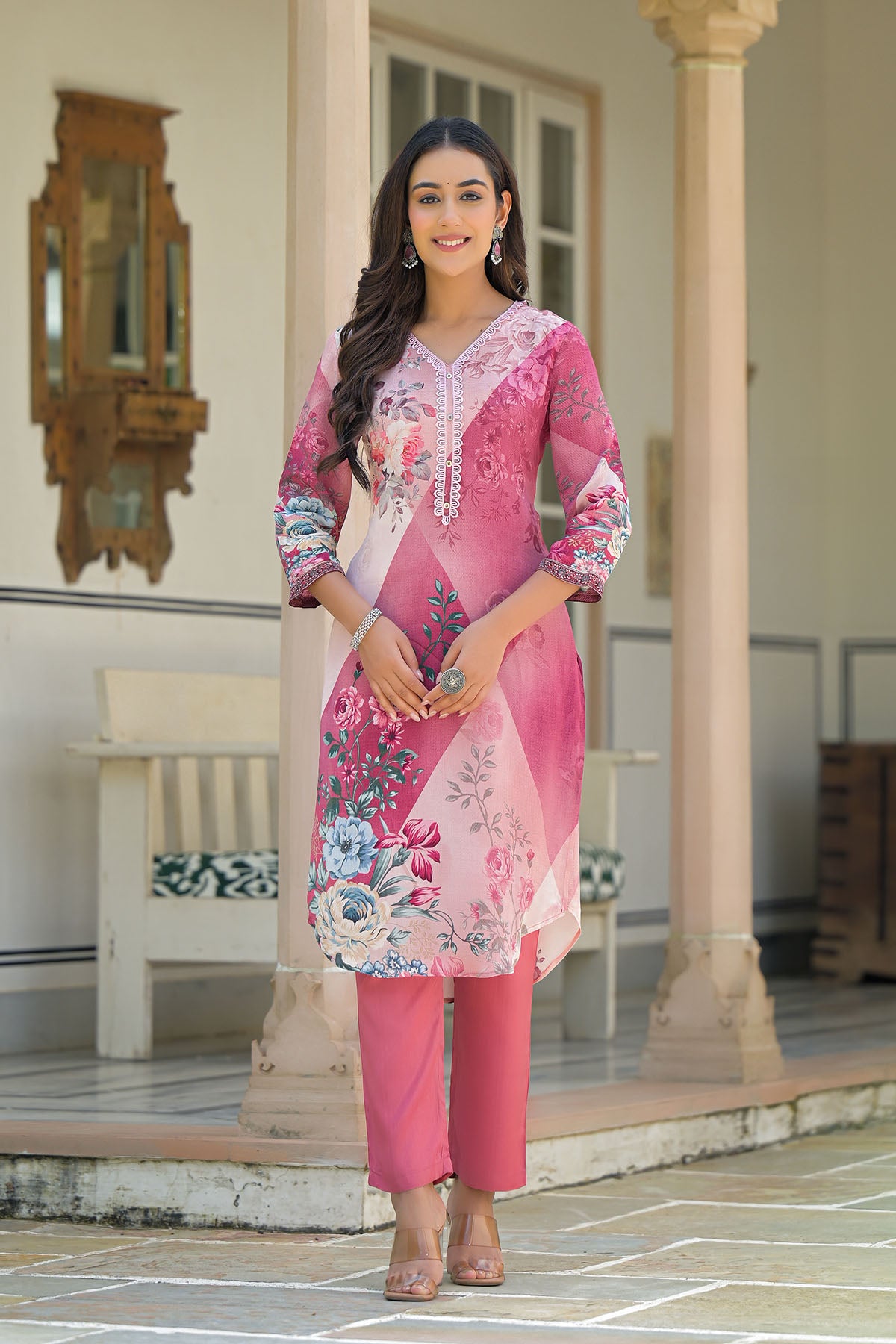 Pink Multicolor Crepe Printed Straight-Cut Suit