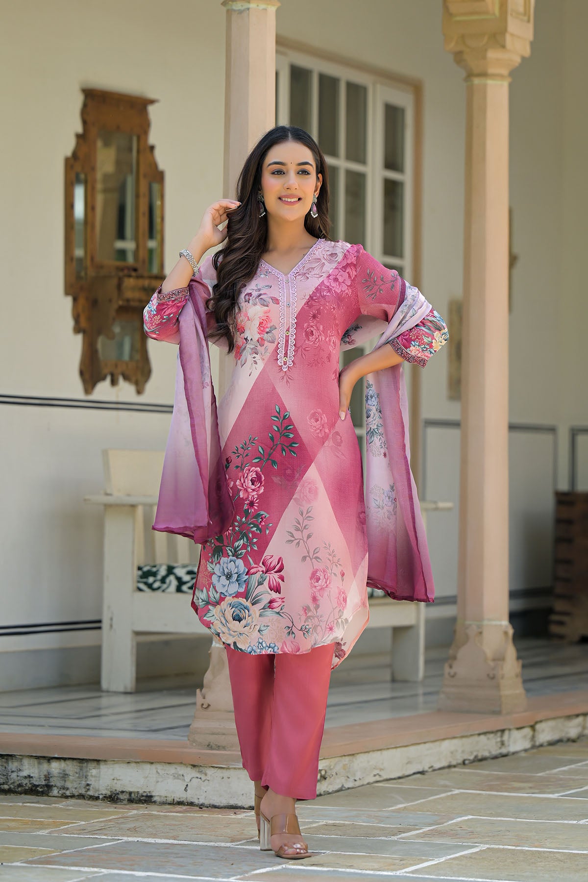 Pink Multicolor Crepe Printed Straight-Cut Suit