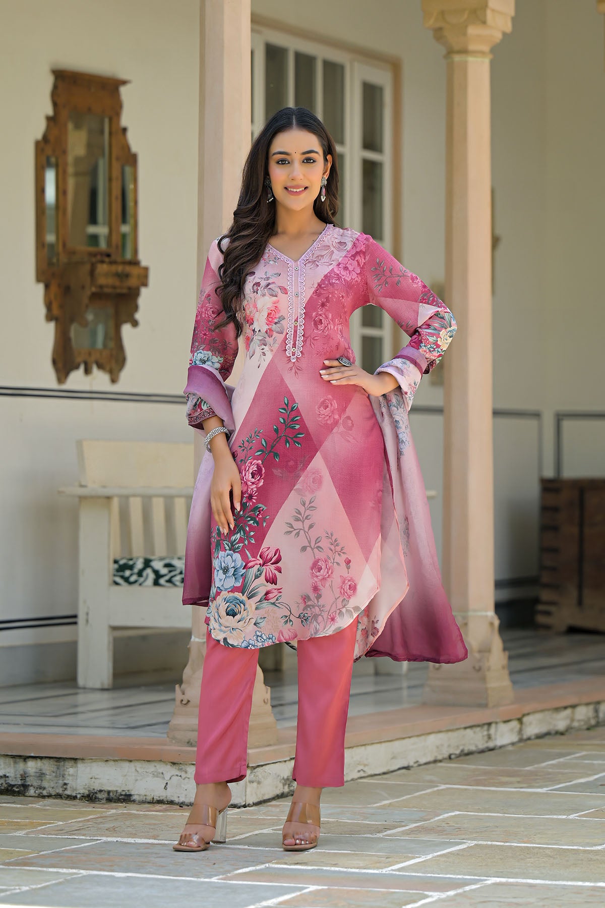 Pink Multicolor Crepe Printed Straight-Cut Suit