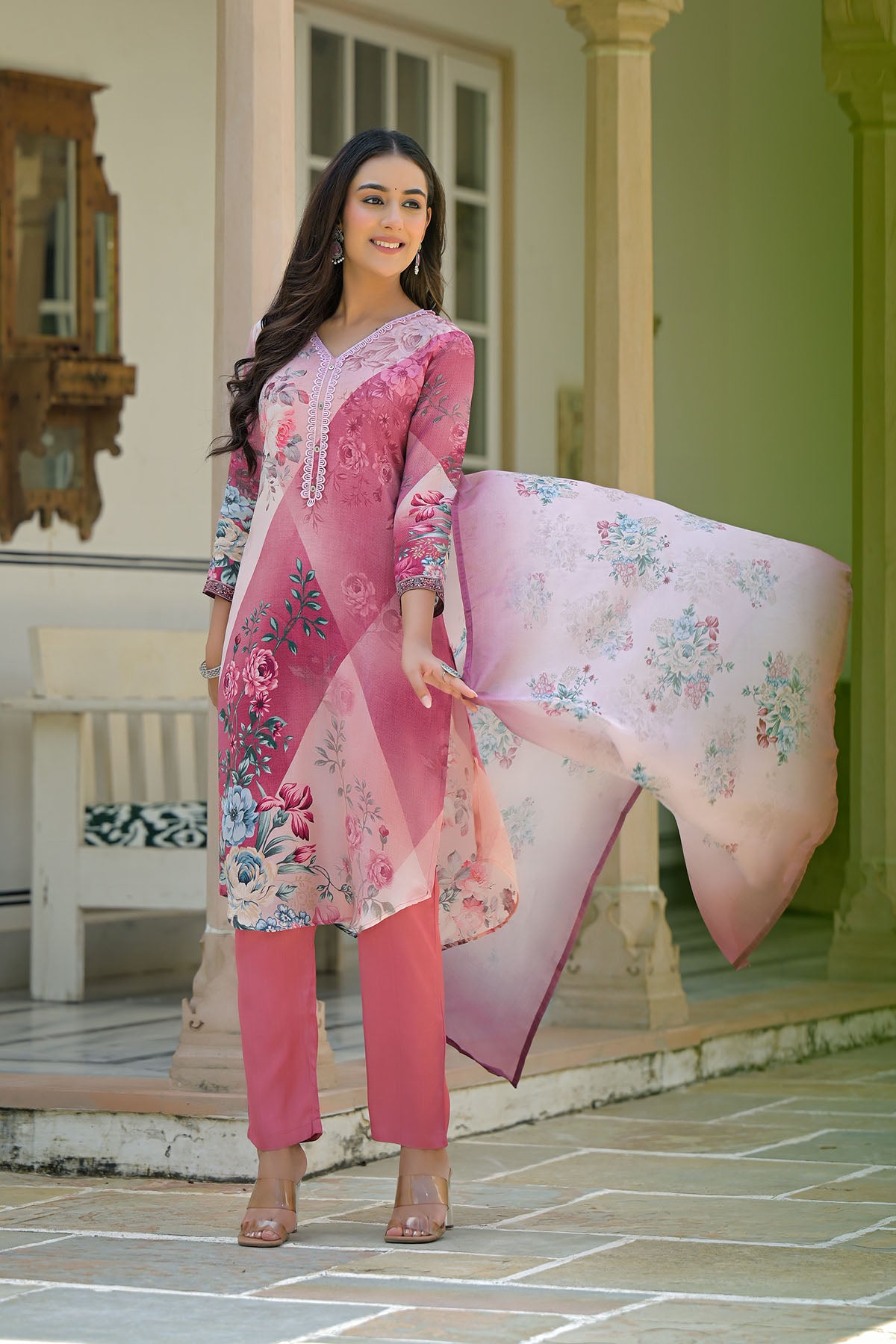 Pink Multicolor Crepe Printed Straight-Cut Suit