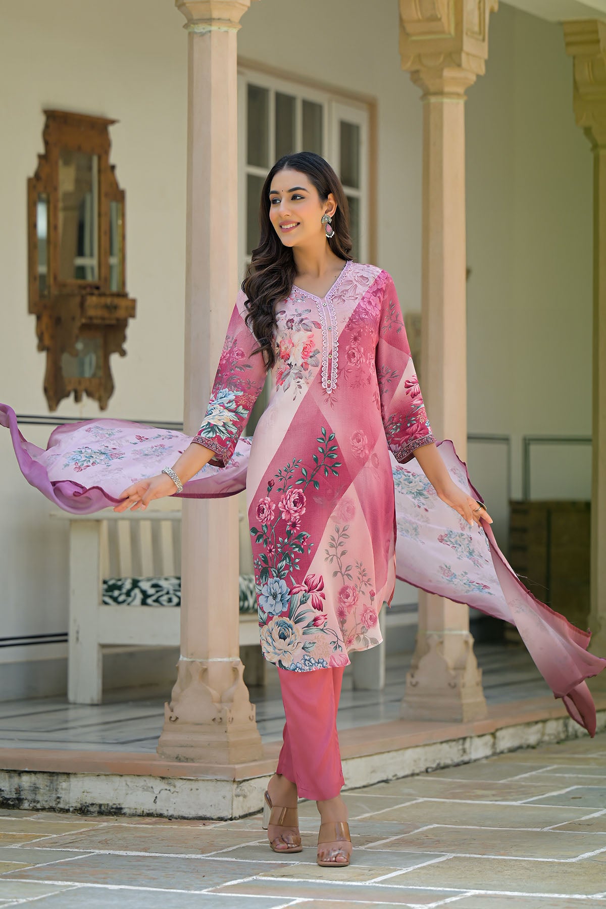 Pink Multicolor Crepe Printed Straight-Cut Suit