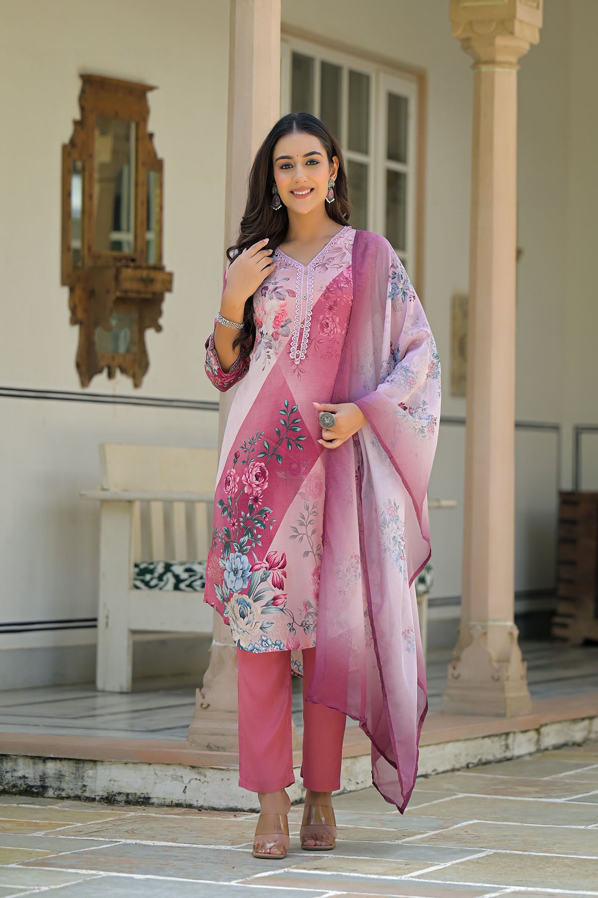 Pink Multicolor Crepe Printed Straight-Cut Suit