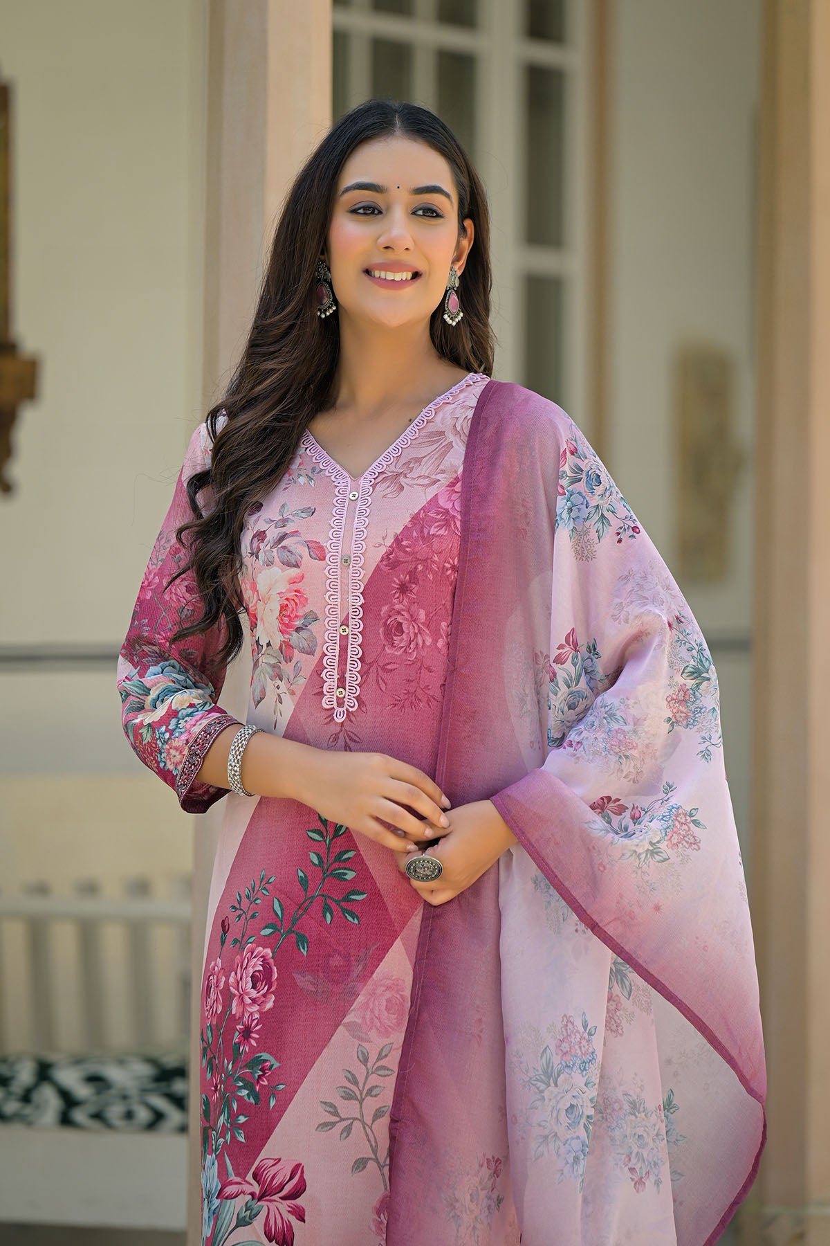 Pink Multicolor Crepe Printed Straight-Cut Suit