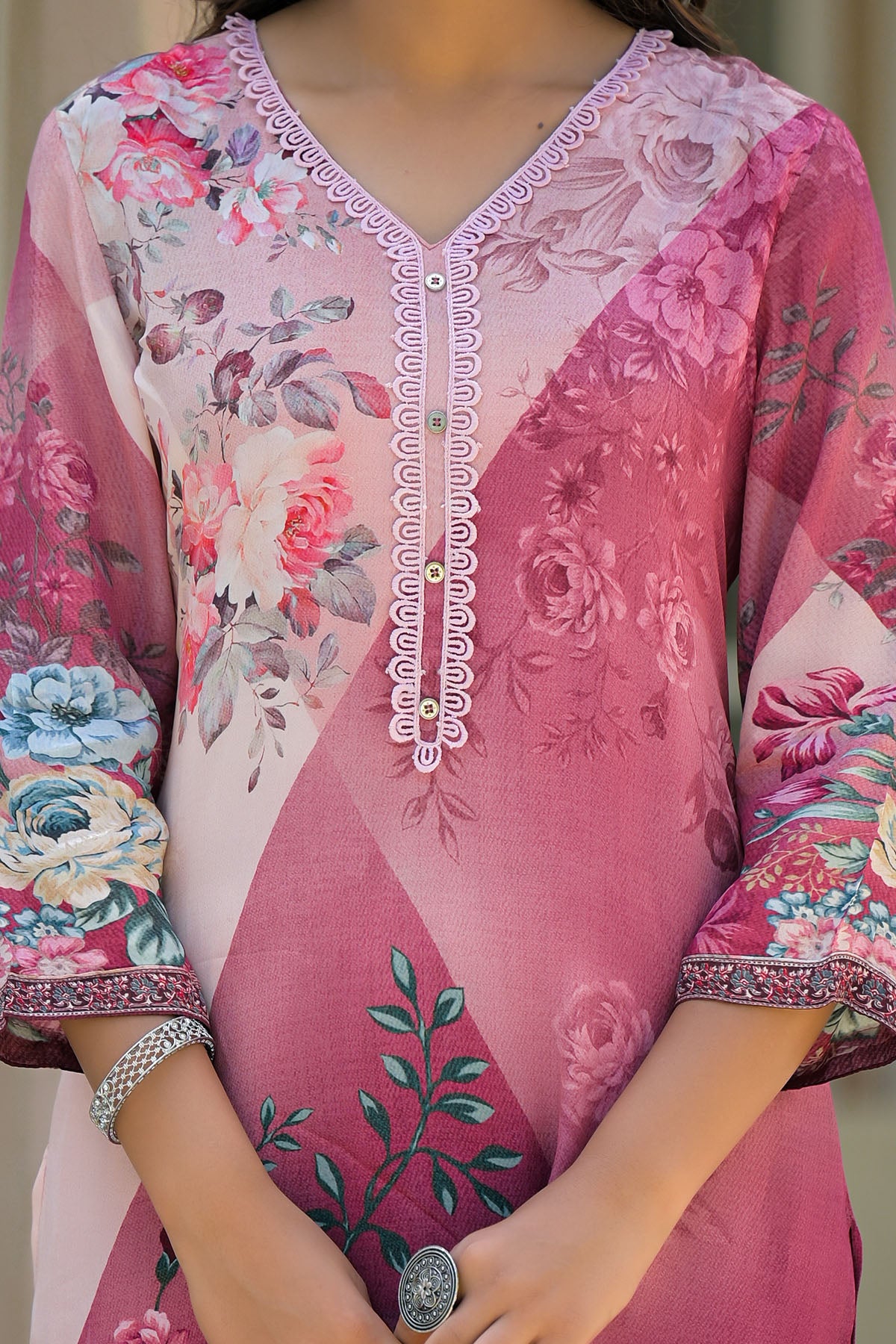 Pink Multicolor Crepe Printed Straight-Cut Suit
