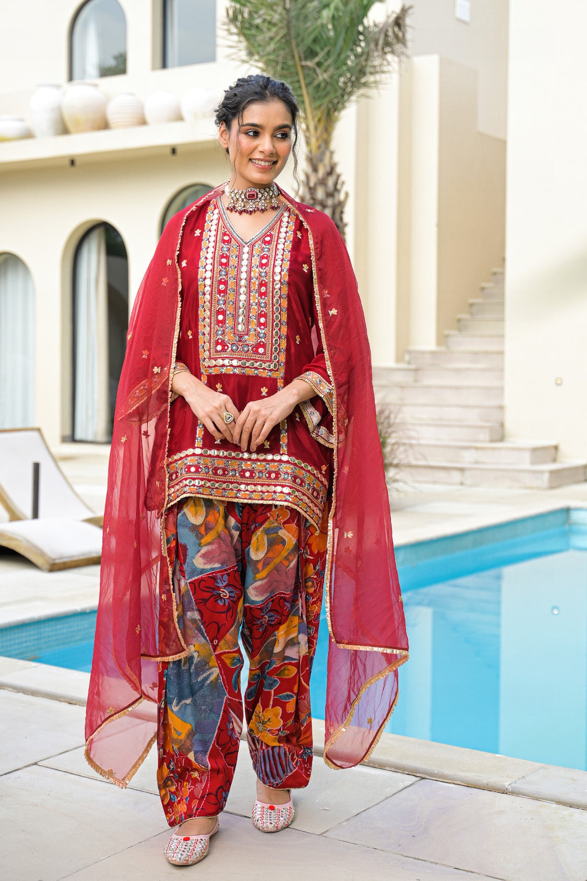 Red Chinon Embroidered Straight Cut Suit Set | Bairaas