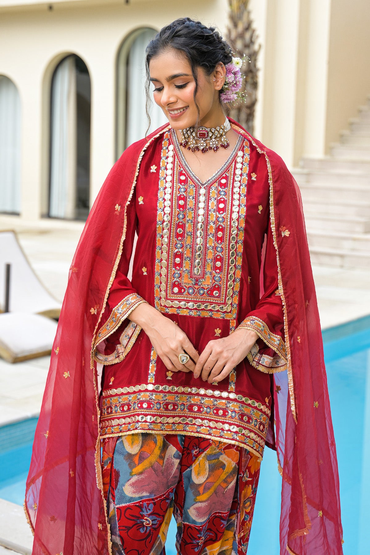 Red Chinon Embroidered Straight Cut Suit Set | Bairaas