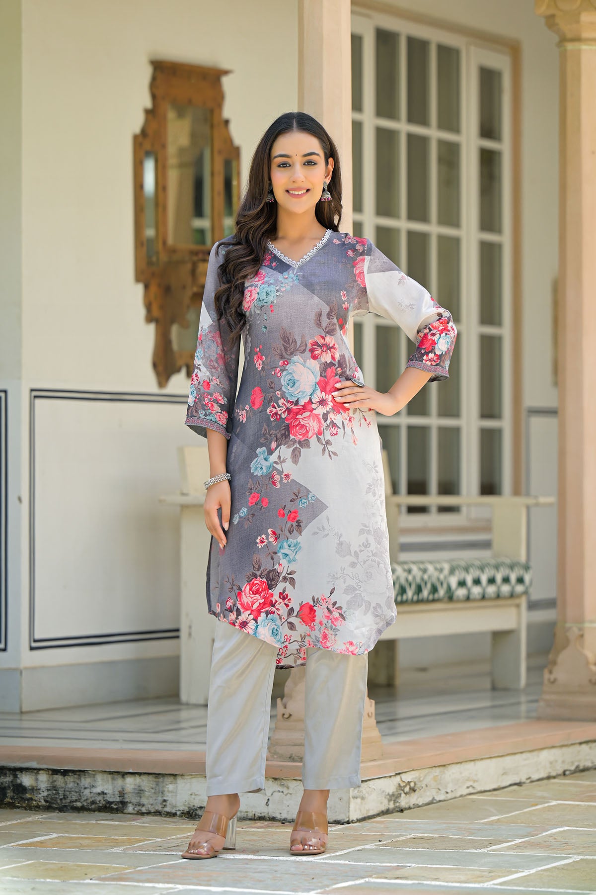 Grey Floral Crepe Printed Straight-Cut Suit