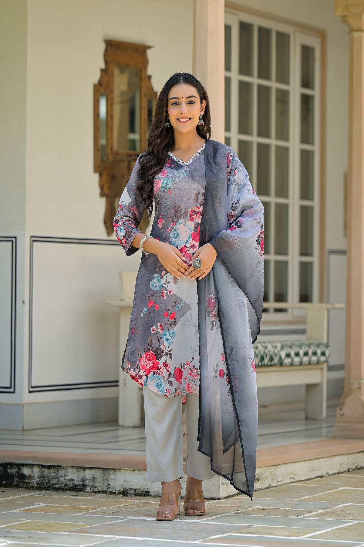 Grey Floral Crepe Printed Straight-Cut Suit