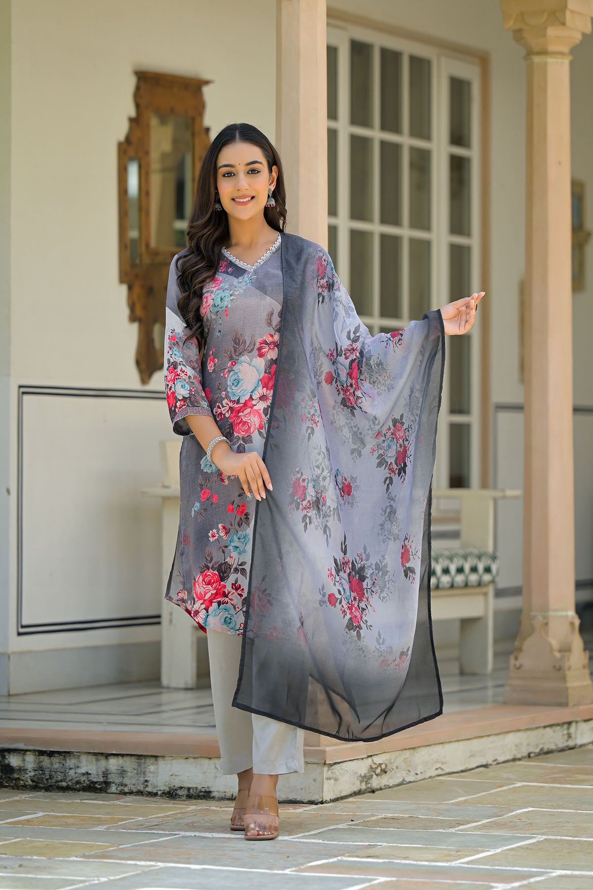 Grey Floral Crepe Printed Straight-Cut Suit
