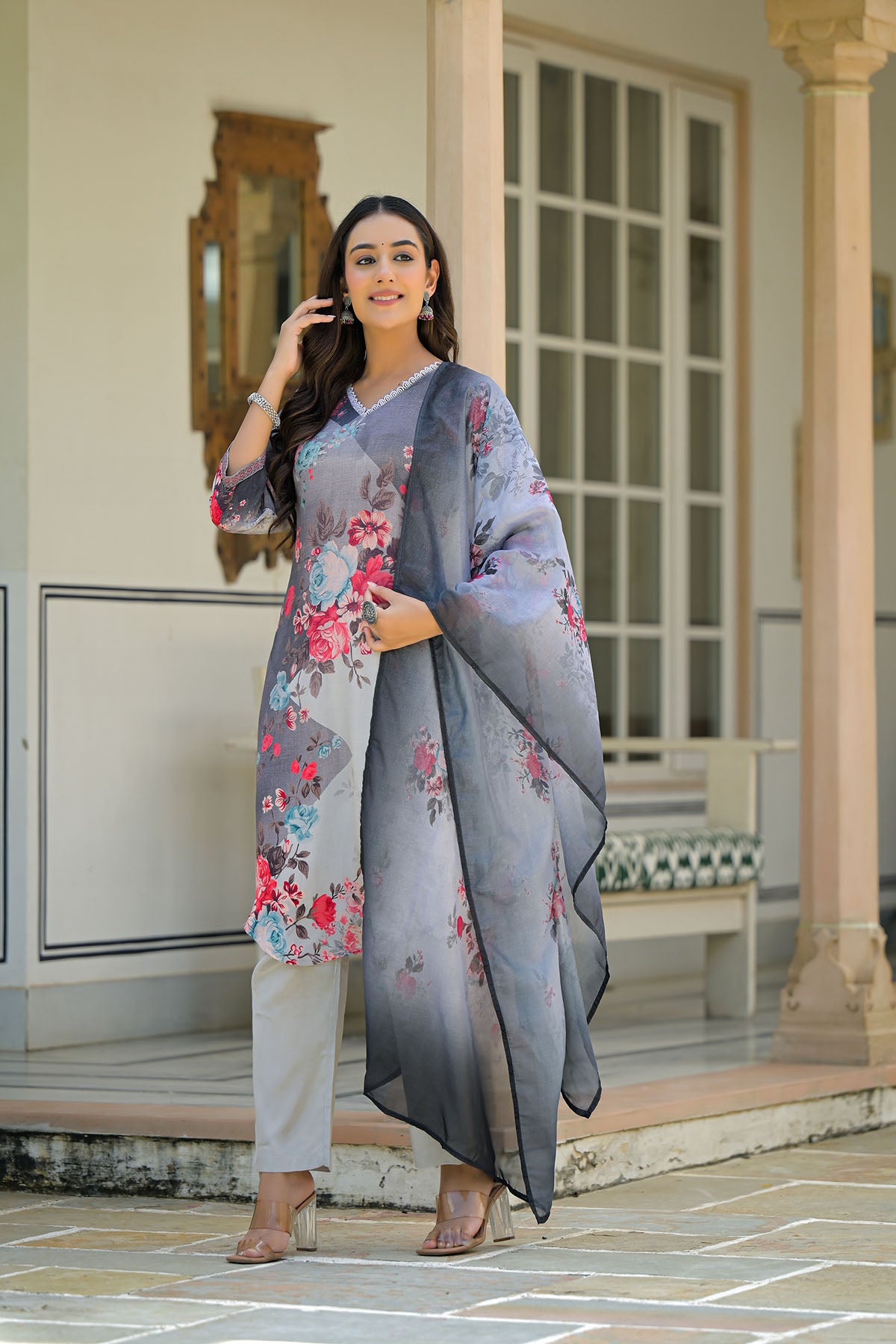 Grey Floral Crepe Printed Straight-Cut Suit