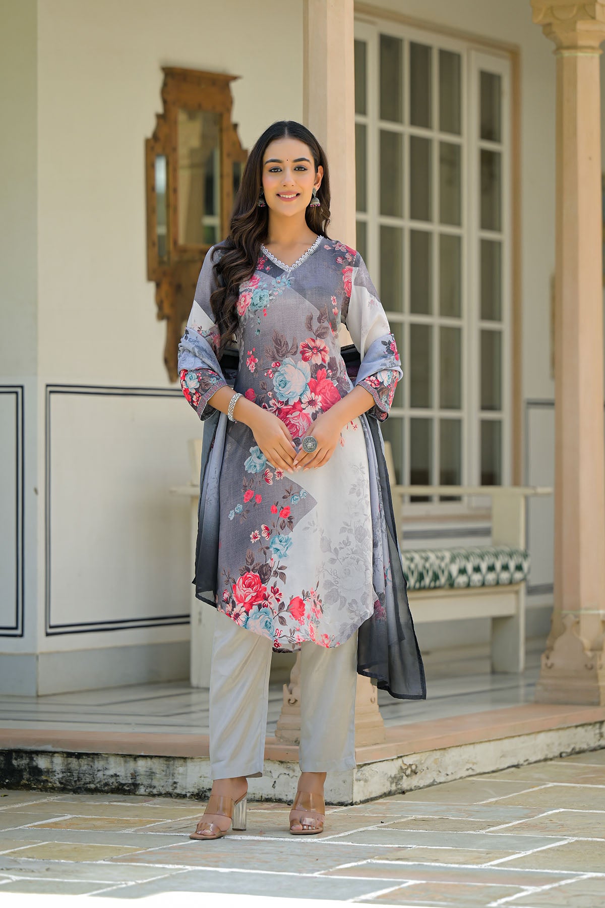 Grey Floral Crepe Printed Straight-Cut Suit