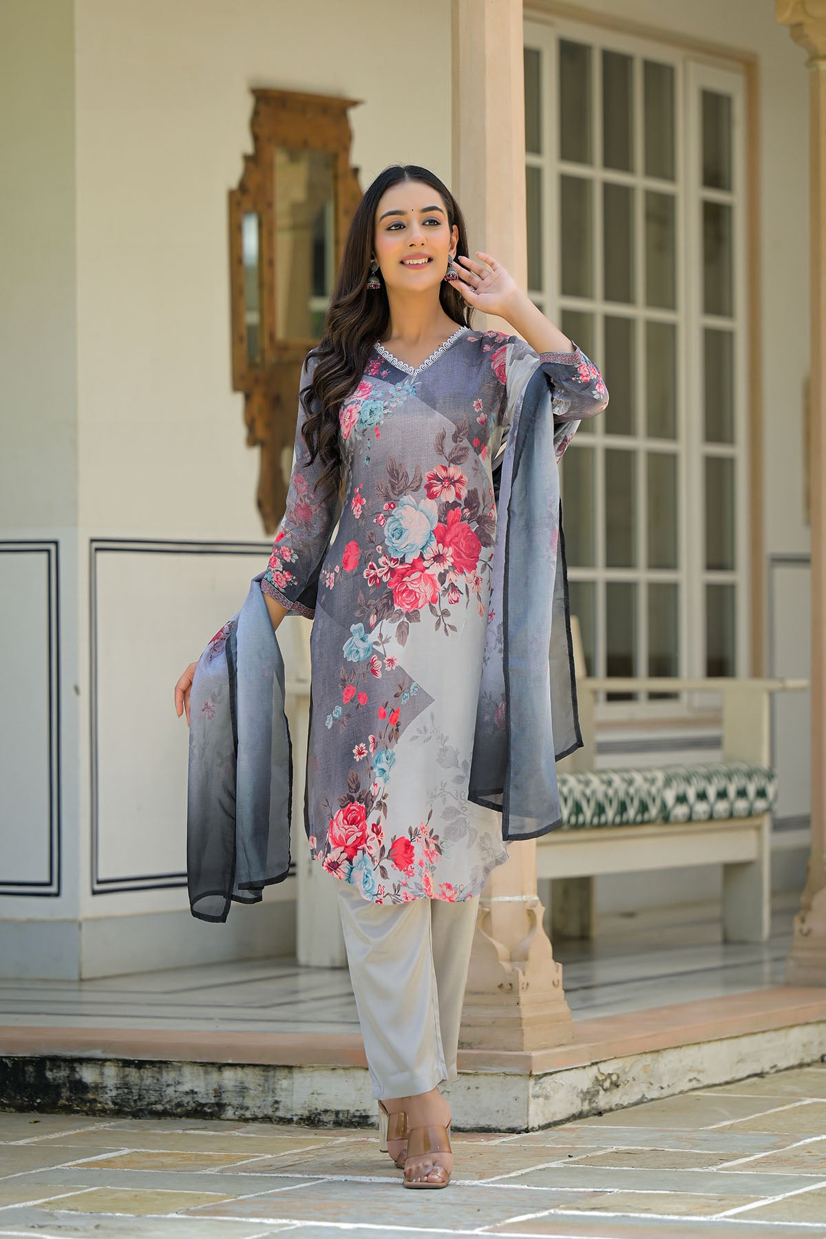 Grey Floral Crepe Printed Straight-Cut Suit