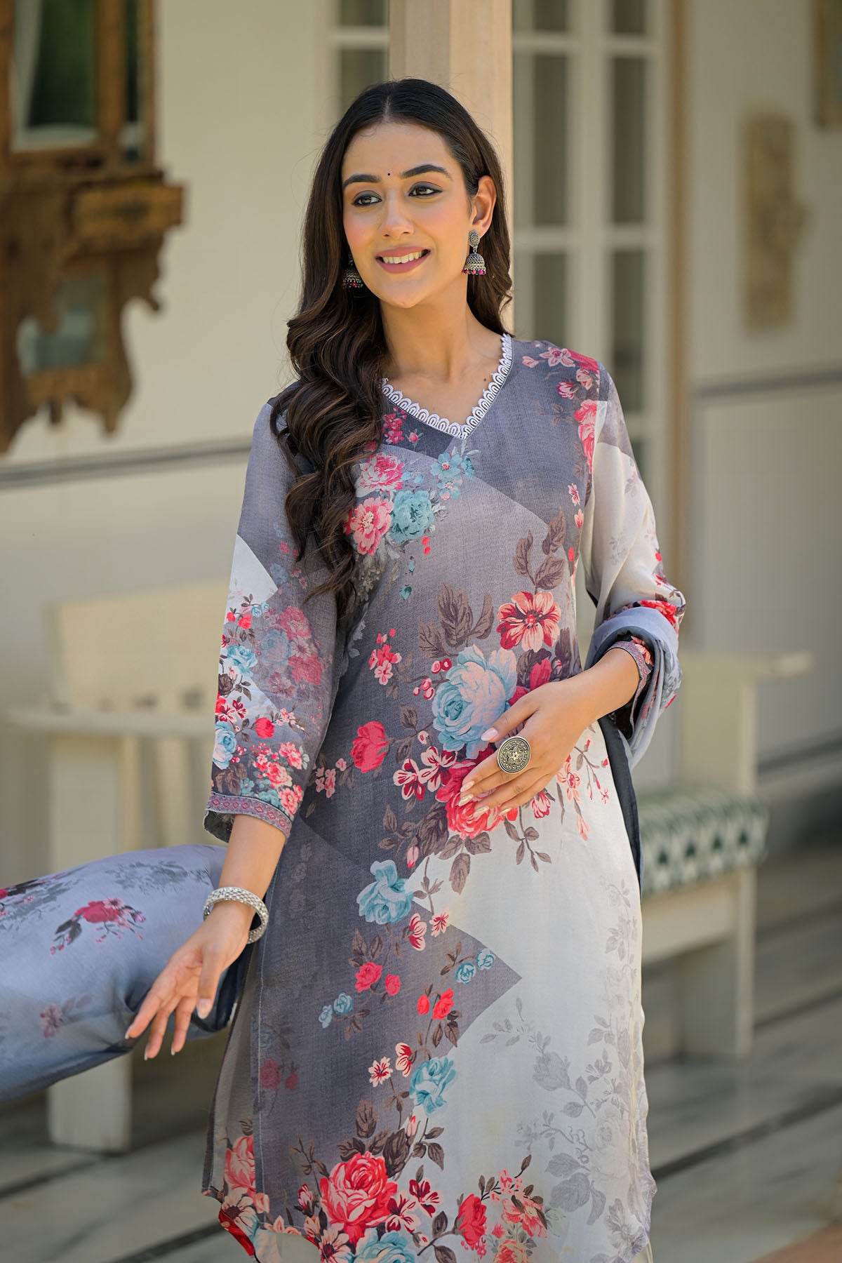 Grey Floral Crepe Printed Straight-Cut Suit