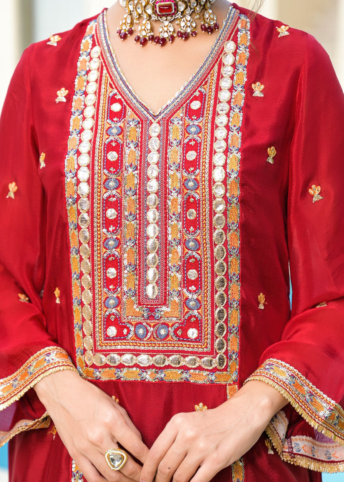 Red Chinon Embroidered Straight Cut Suit Set | Bairaas