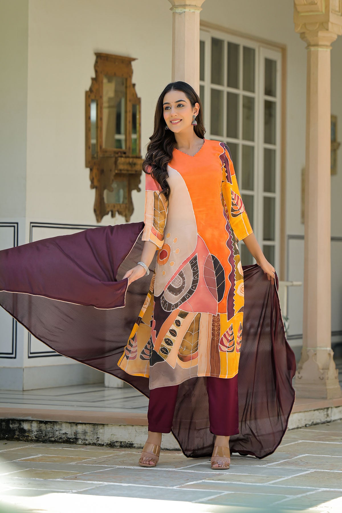 Orange Muslin Printed Straight-Cut Suit